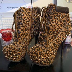 Leopard Print Heeled Platform Combat Booties
